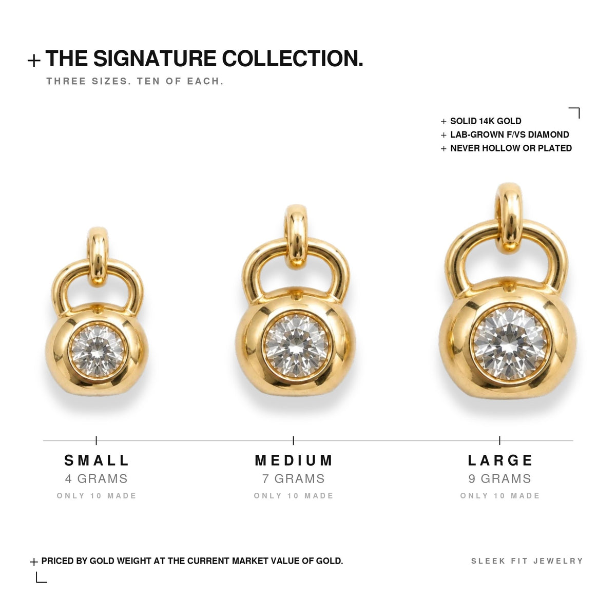 Apollo Pendant sizes: Small 4 grams, Medium 7 grams, Large 9 grams