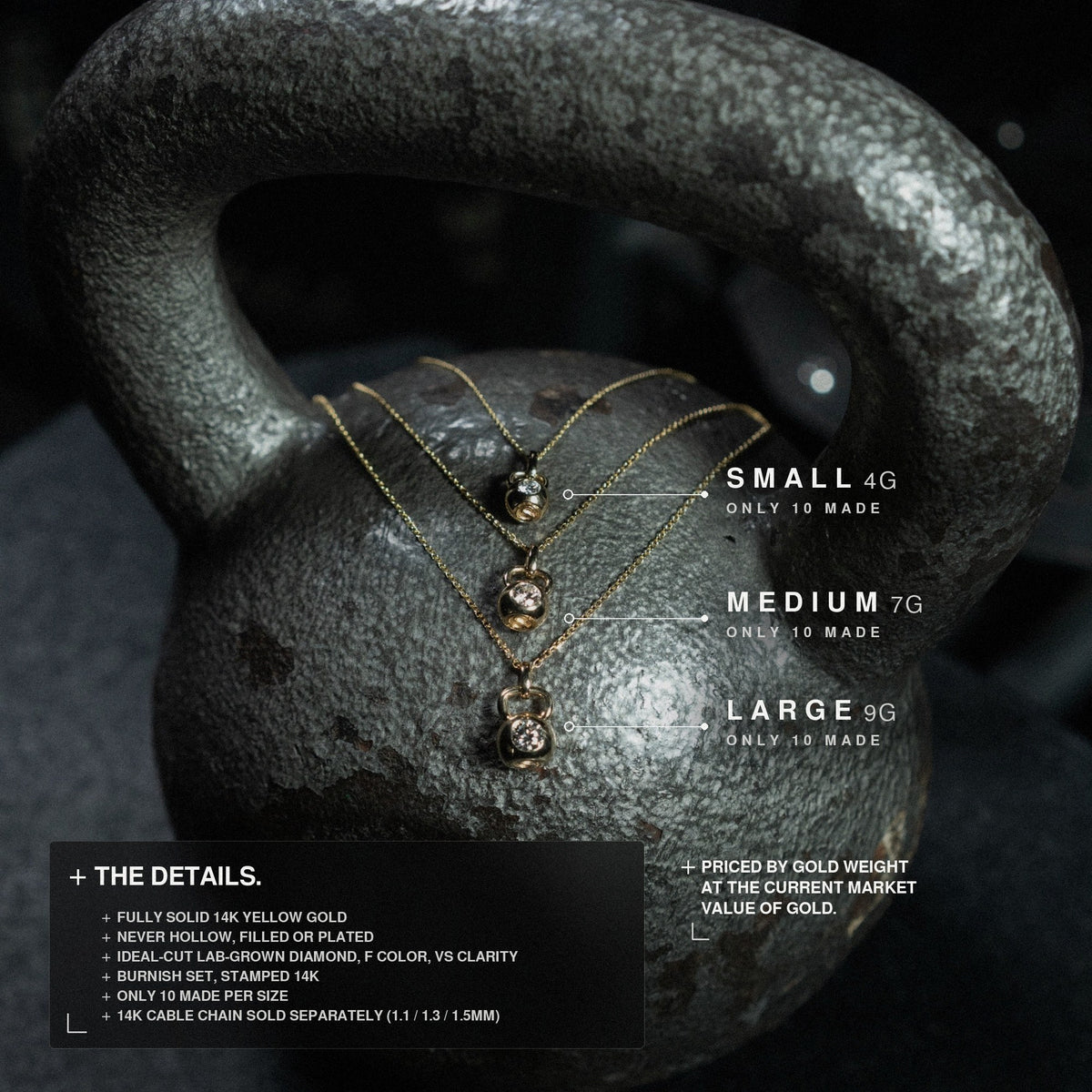 Signature Collection details: solid 14K gold, ideal-cut lab-grown F/VS diamond, burnish set, only 10 made per size