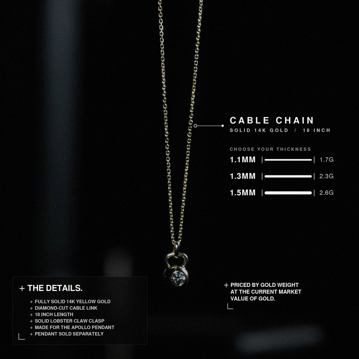 Cable chain details: solid 14K yellow gold, diamond-cut, 18 inch, lobster claw clasp